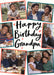 Cream card reading ‘Happy Birthday Grandpa’, with six angled photos with coral and teal frames and heart doodles and black handwritten lettering.