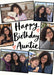 Cream card reading ‘Happy Birthday Auntie’, with six angled photos with black frames and small heart doodles and black handwritten lettering.