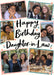 Cream card reading ‘Happy Birthday Daughter-in-Law’, with six angled photos with coral and teal frames and heart doodles and black handwritten lettering.