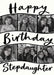 Cream card reading ‘Happy Birthday Stepdaughter’, with curved black-edged photo strips and black handwritten lettering.