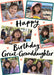 Cream card reading ‘Happy Birthday Great-Granddaughter’, with six angled photos with coral and teal frames and heart doodles and black handwritten lettering.