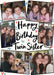Cream card reading ‘Happy Birthday Twin Sister’, with six angled photos with black frames and small heart doodles and black handwritten lettering.