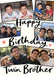 Cream card reading ‘Happy Birthday Twin Brother’, with six angled photos with black frames and small heart doodles and black handwritten lettering.