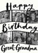 Cream card reading ‘Happy Birthday Great-Grandma’, with curved black-edged photo strips and black handwritten lettering.