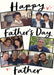Cream card reading ‘Happy Father’s Day Father’, with six angled photos with black frames and small heart doodles and black handwritten lettering.