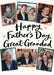 Cream card reading ‘Happy Father’s Day Great-Grandad’, with six angled photos with coral and teal frames and heart doodles and black handwritten lettering.