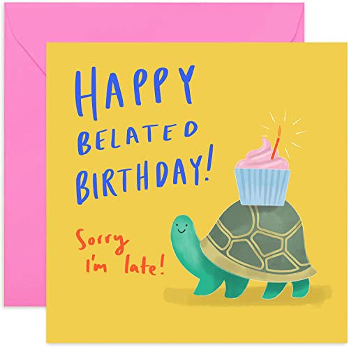 Old English Co. Tortoise Belated Birthday Card - Sorry It's Late Greeting Card for Him or Her | Fun Cute Birthday Wishes for Men and Women | Blank Inside & Envelope Included