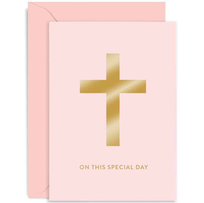 Old English Co. Baptism Card for Girl - Pink Crucific Cross Gold Foil Card - Christening Baby Naming Day - For Niece, Goddaughter, Daughter, Grandaughter | Blank Inside with Envelope