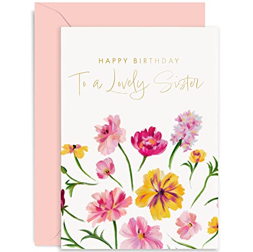 Old English Co. Happy Birthday Card for Sister from Sibling - Cute Flower Design with Gold Foil - Colourful Floral Lovely Sister Birthday Cards | Blank Inside with Envelope