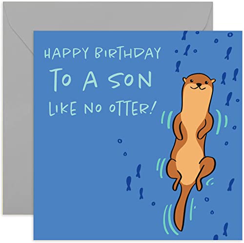 Old English Co. Happy Birthday To A Son Like No Otter! Card - Square Cute Animal Otter Card | Suitable for Men & Women | Blank Inside & Envelope Included