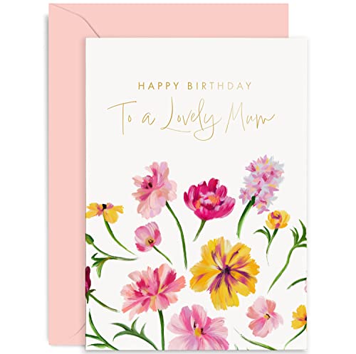 Old English Co. Happy Birthday Card for Mum from Son or Daughter - Cute Flower Design with Gold Foil - Colourful Floral Mum Birthday Cards | Blank Inside with Envelope