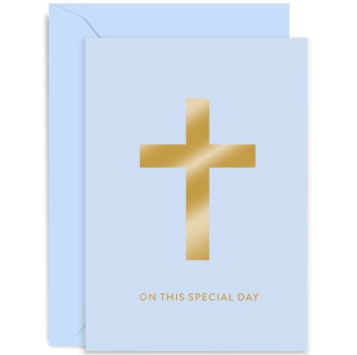 Old English Co. Baptism Card for Boy - Blue Crucific Cross Gold Foil Card - Christening Baby Naming Day - For Nephew, Godson, Son, Grandson, Him | Blank Inside with Envelope