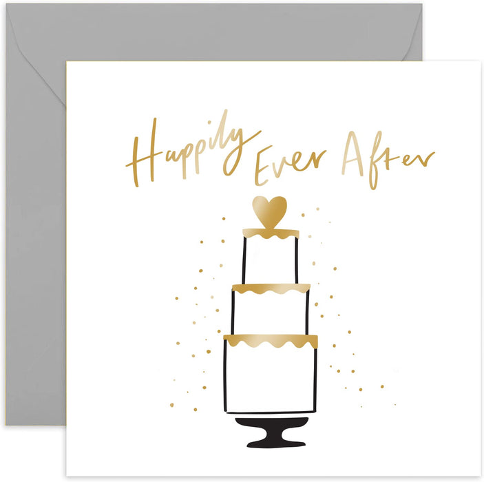Old English Co. Happily Ever After Wedding Cake Card - Beautiful Gold Foil For Wedding Day | Congratulations to Newly Weds, Bride and Groom | Blank Inside & Envelope Included