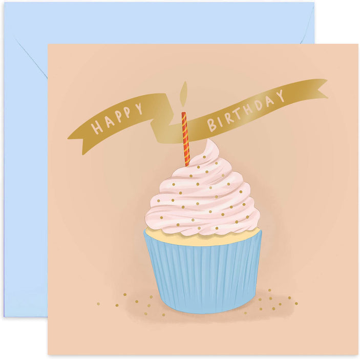 Old English Co. Cupcake Candle Birthday Card - Pastel Gold Foil Sparkle Card | Birthday Celebration Card for Men and Women | Blank Inside & Envelope Included