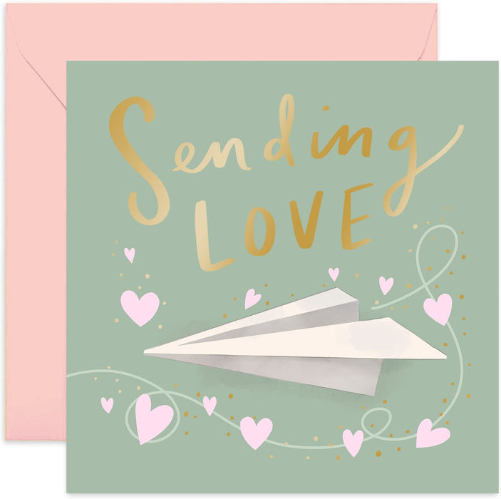 Old English Co. Sending Love Paper Plane Card - Gold Foil Cute Thinking of You Thoughtful Greeting Card for Friends and Family | Sympathy, Sorry, Get Well | Blank Inside & Envelope Included