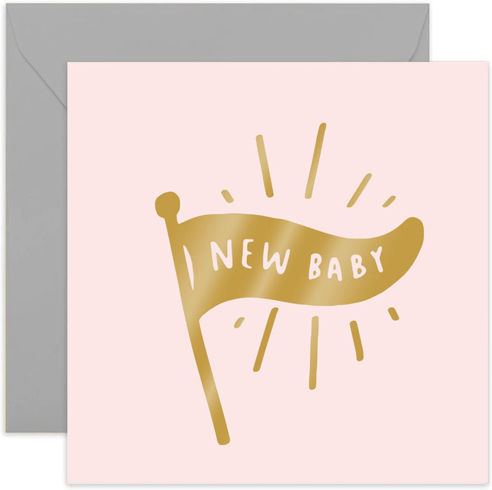 Old English Co. Pink New Baby Flag Card - Gold Foil | Baby Girl Card for Parents | Blank Inside & Envelope Included (Baby Boy)