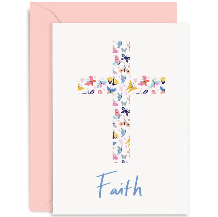 Old English Co. Colourful Butterfly Faith Card - Pastel Spring Colours Easter Religious Holiday Card - For Baptism or Christening for Him or Her | Blank Inside with Envelope