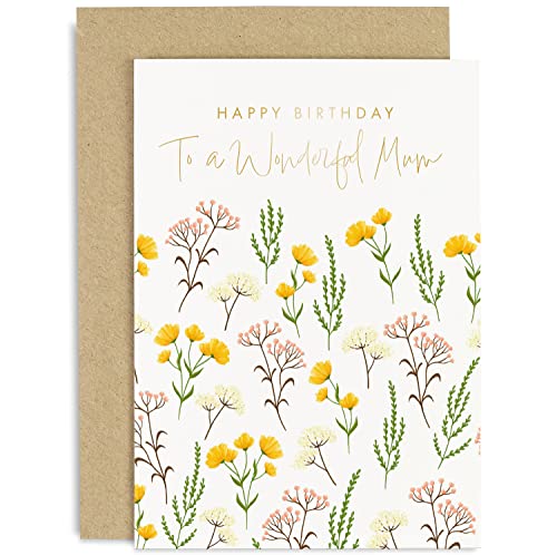 Old English Co. Happy Birthday Card for Wonderful Mum from Son Daughter - Cute Floral Design with Gold Foil - Colourful Artistic Mother Birthday Cards | Blank Inside with Envelope