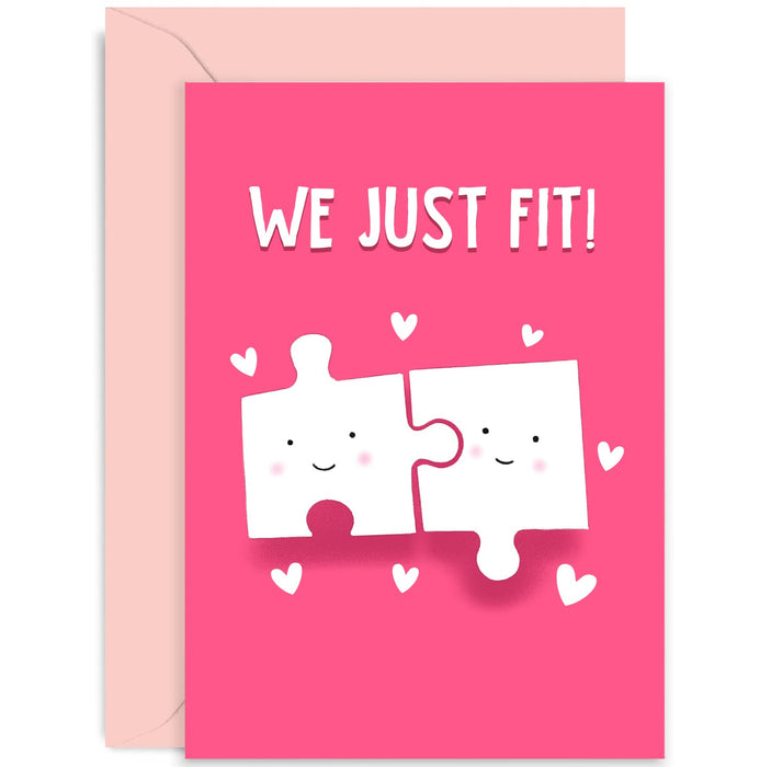 Old English Co. We Just Fit Jigsaw Anniversary Card for Wife or Husband - Cute Peanut Valentine Card For Boyfriend or Girlfriend| Blank Inside with Envelope