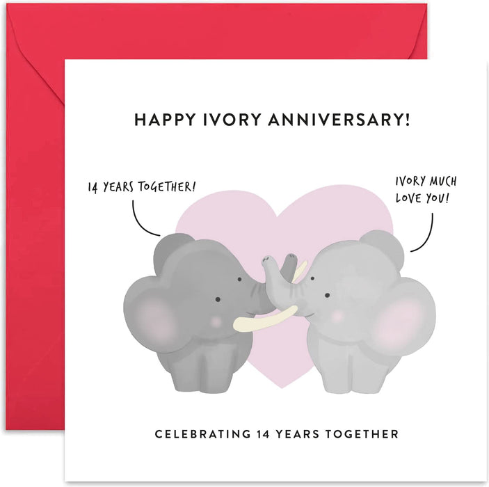 Old English Co. 14th Wedding Anniversary Card for Husband and Wife - Cute Funny Ivory Anniversary Greeting Card | Elephant Fourteenth Anniversary for Him and Her | Blank Inside & Envelope Included