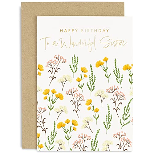 Old English Co. Happy Birthday Card for Wonderful Sister from Brother or Sister - Cute Floral Design with Gold Foil - Colourful Artistic Sister Birthday Cards | Blank Inside with Envelope
