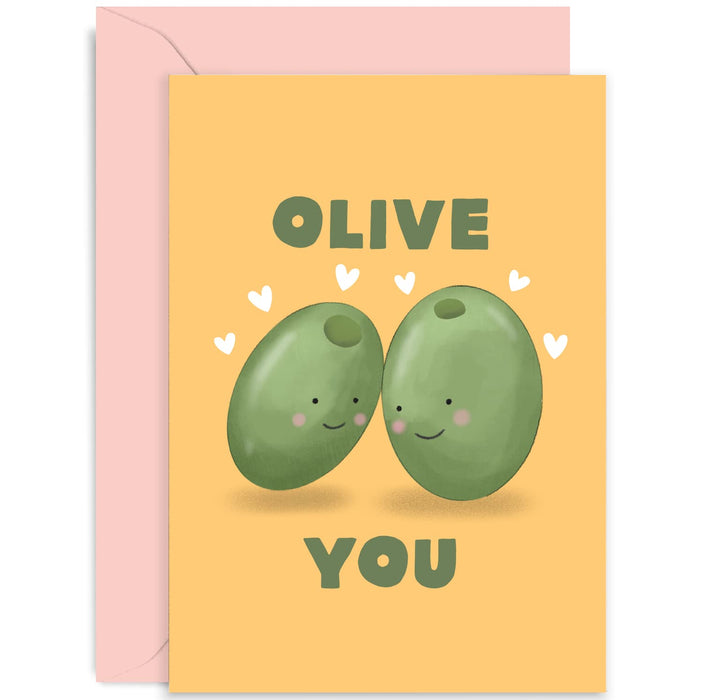 Old English Co. Funny Anniversary Card for Him Her - Cute Romantic Olive You Pun Card for Wife, Husband, Boyfriend, Girlfriend | Blank Inside with Envelope