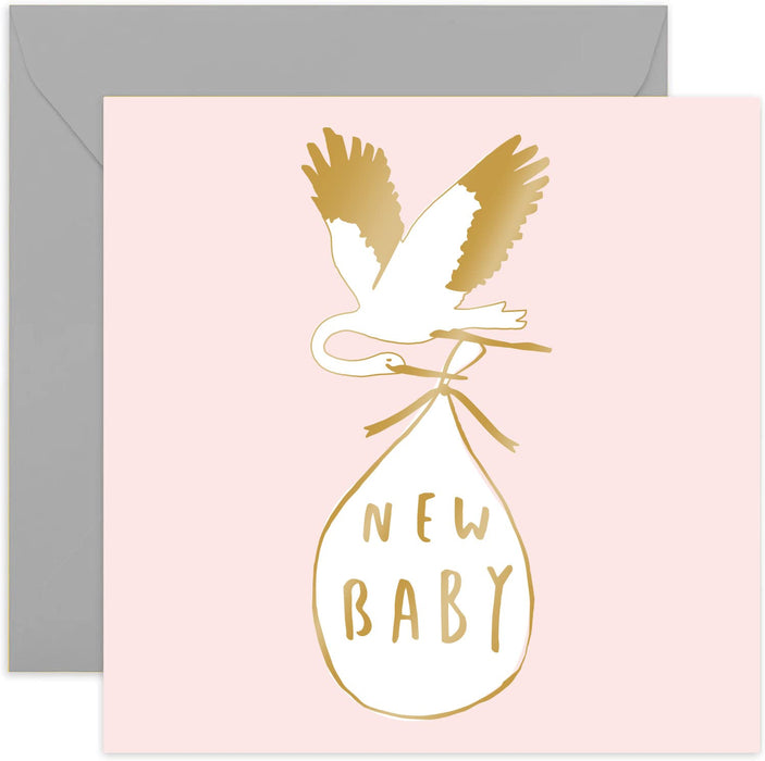 Old English Co. Pastel Stork New Baby Boy Card - Gold Foil Special Baby Arrival Congratulations Card for Parents | Cute Design For Mum and Dad| Blank Inside & Envelope Included (Boy)