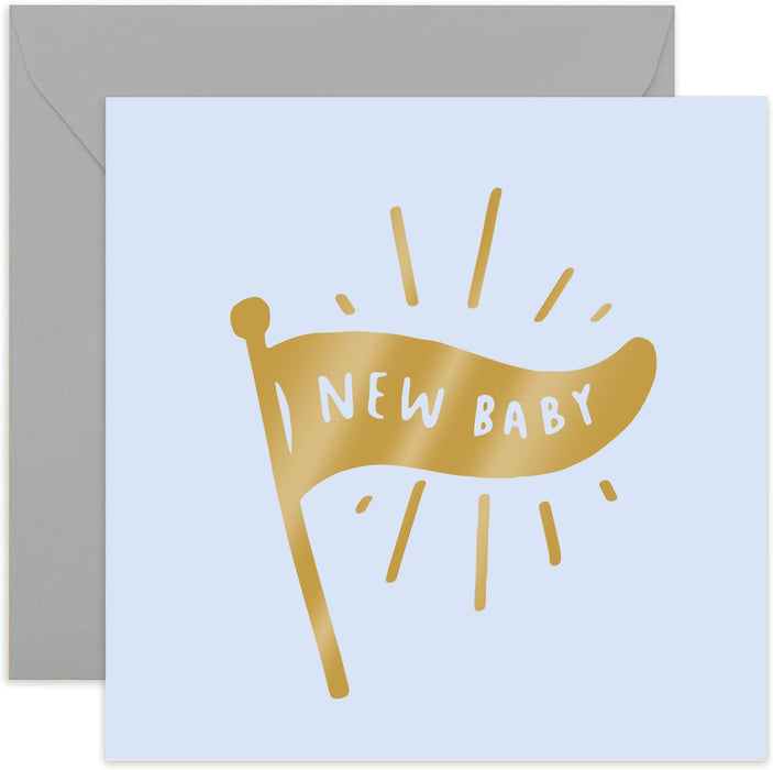 Old English Co. Pink New Baby Flag Card - Gold Foil | Baby Girl Card for Parents | Blank Inside & Envelope Included (Baby Boy)