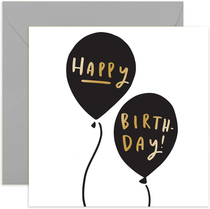 Old English Co. Bold Balloons Birthday Card - Black and Gold Foil Birthday Celebration Best Wishes Card | For Men and Women | Blank Inside & Envelope Included