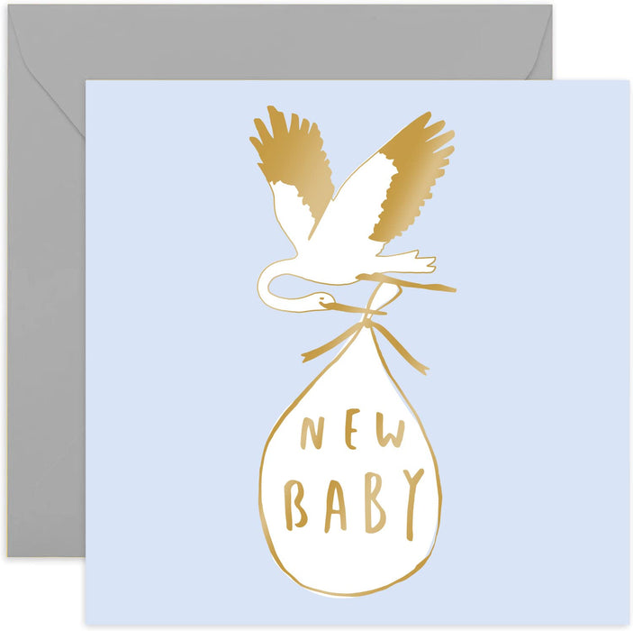 Old English Co. Pastel Stork New Baby Boy Card - Gold Foil Special Baby Arrival Congratulations Card for Parents | Cute Design For Mum and Dad| Blank Inside & Envelope Included (Boy)