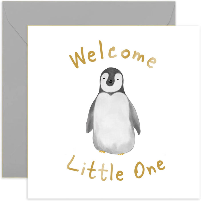 Old English Co. Welcome Little One Penguin Cute Baby Card - New Arrival Baby Girl or Baby Boy Greeting Card for Parents | Gold Foil Special Finish | Blank Inside & Envelope Included