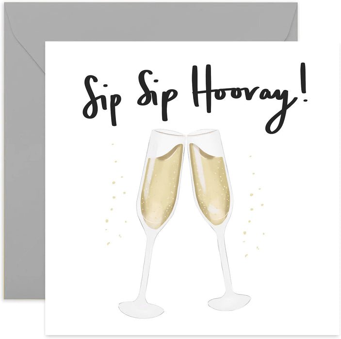 Old English Co. Sip Sip Hooray Congratulations Card - Wedding Anniversary Engagement Greeting Card for Him and Her| Blank Inside with Envelope