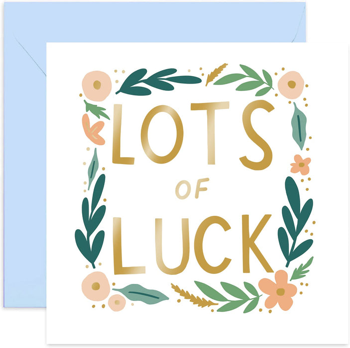Old English Co. Floral Wreath Lots of Luck Card - Pastel Gold Foil Good Luck Card For Men and Women | Exams, New Job, Moving, Leacving, School, Test | Blank Inside & Envelope Included