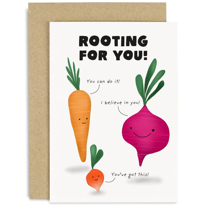 Old English Co. Cute Good Luck Card for Him or Her - Funny 'Rooting For You' Vegetable Pun Card - Graduation, Exams, Revision, New Job, University | Blank Inside with Envelope