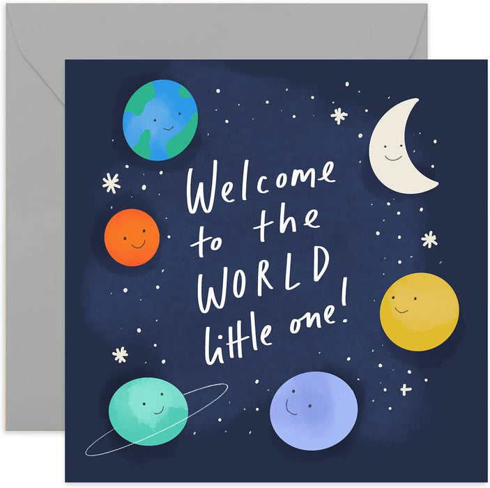 Old English Welcome To The World Little One Universe Card Fun New Baby Girl or Boy Card for Parents Cute Cosmic Illustration Blank Inside