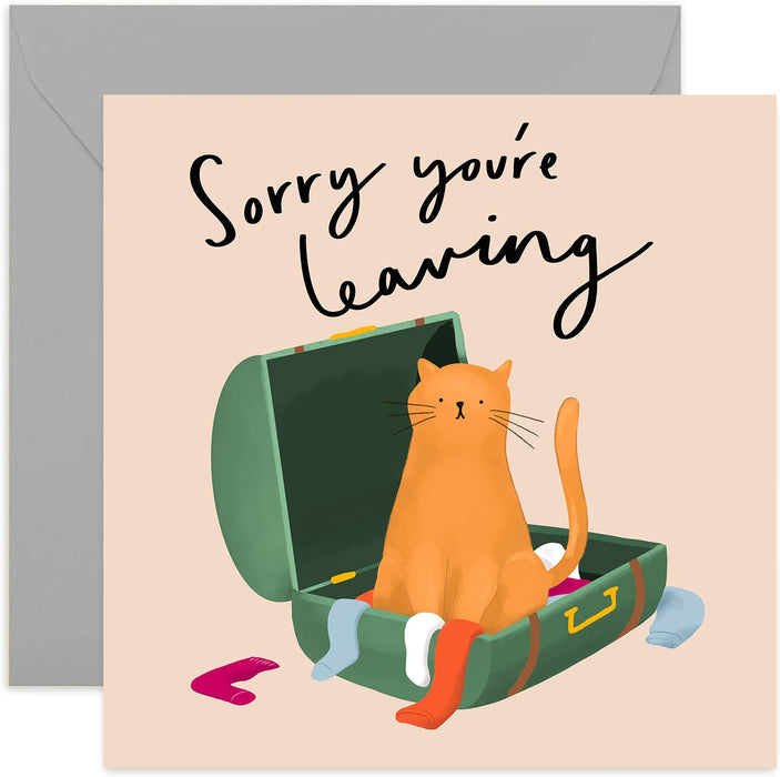 Old English Co. Cat Sorry You're Leaving Card - Fun Farewell Greeting Card | Goodbye, Colleague Leaving, Moving | Blank Inside & Envelope Included