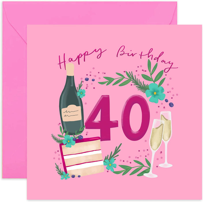 Old English Co. 40th Birthday Bubbles and Cake Card - Champagne Celebrations Feminine Card for Her | For Women, Sister, Mum, Auntie, Friend | Blank Inside & Envelope Included