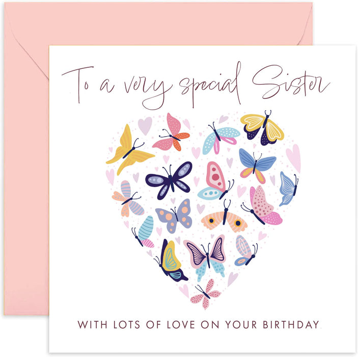 Old English Co. Butterfly Hearts Special Sister Birthday Card - 30th, 40th, 50th Sister Adult Female Birthday Card from Sibling, Brother | Birthday Cards For Women | Blank Inside & Envelope Included
