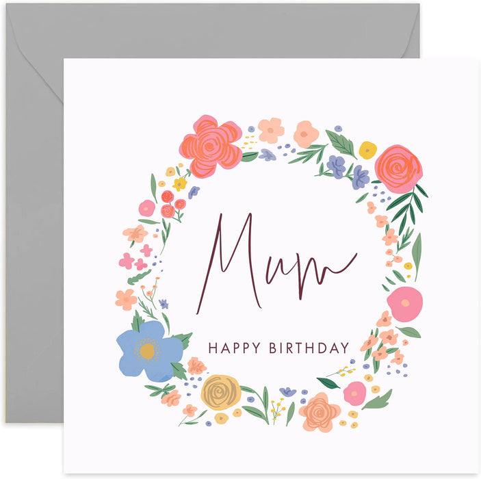 Old English Co. Mum Happy Birthday Card - Sweet Cute Floral Wreath Card for Her Mother Card | Flower Happy Birthday From Son, Daughter, Child | Blank Inside & Envelope Included