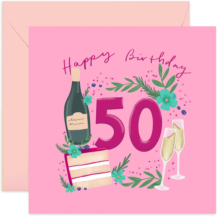 Old English Co. Champagne and Cake 50th Birthday Card - Cute Pink Fiftieth Birthday Card for Women | Birthday Wishes for Women | Blank Inside & Envelope Included