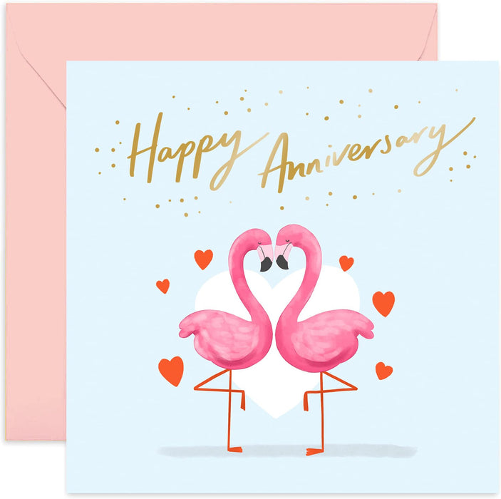 Old English Co. Happy Anniversary Cute Pink Flamingo Card - Romantic Animal Couple Greeting Card for Him and Her | Gold Foil Detail | Blank Inside & Envelope Included (Happy Anniversary)