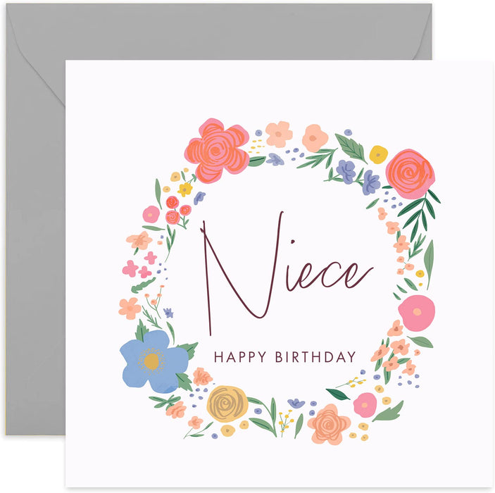 Old English Co. Niece Happy Birthday Card - Sweet Cute Floral Wreath Card for Her Niece Card | Flower Happy Birthday From Auntie and Uncle | Blank Inside & Envelope Included