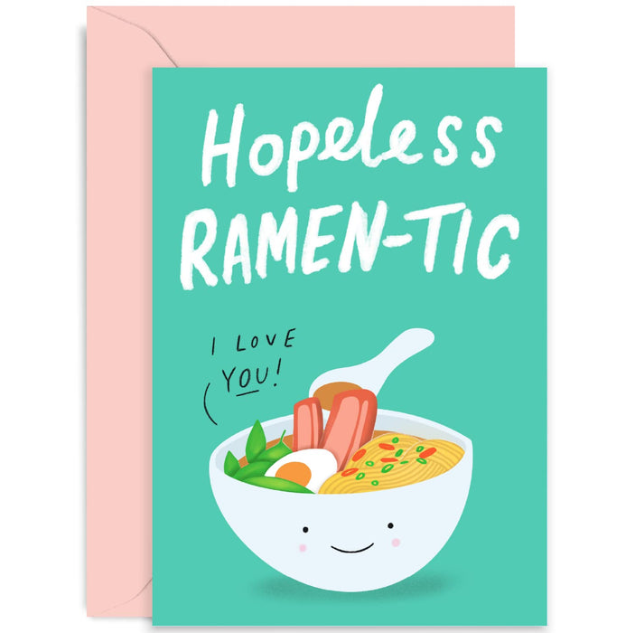 Old English Co. Funny Hopless Ramen-tic Anniversary Card - Cute Pun Card for Wife or Husband - Valentine's Card for Boyfriend or Girlfriend | Blank Inside with Envelope