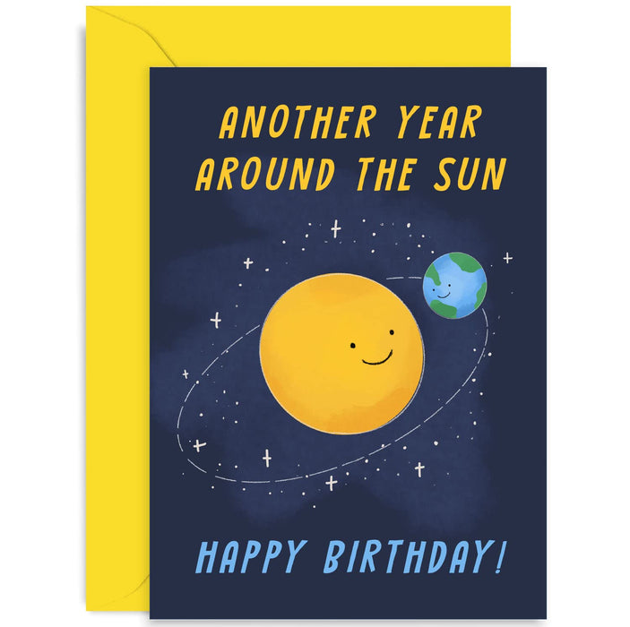 Old English Co. Fun Happy Birthday Card for Him Her - Another Year Around The Sun Design - Cute Birthday Wishes for Men, Women, Brother, Sister, Friend | Blank Inside with Envelope