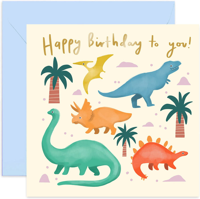 Old English Co. Pastel Dinosaurs Birthday Card - Gold Foil Greeting Card for Children | For Boy and Girl | Blank Inside & Envelope Included