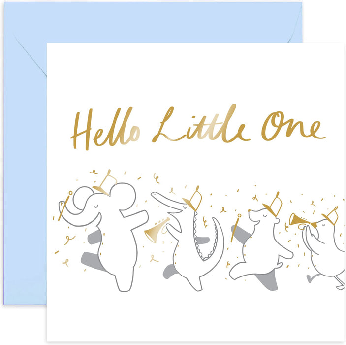 Old English Co. Hello Little One Circus Parade Card - Stylish Gold Foil Animal New Baby Card for Parents | Elephant, Crocodile, Bear| Neutral for Boy or Girl | Blank Inside & Envelope Included