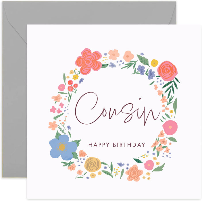 Old English Co. Cousin Happy Birthday Card - Sweet Cute Floral Wreath Card for Her Cousin Card | Flower Happy Birthday From Cousin | Blank Inside & Envelope Included