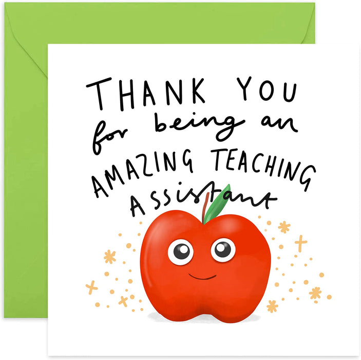 Old English Co. Thank You Teacher Red Cartoon Apple Card - Cute Fun Appreciation End of Year Greeting Card from Pupils and Children Leaving | Blank Inside & Envelope Included (Teacher)