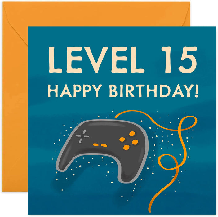 Old English Co. Happy 15th Birthday for Gamer - Gaming Greeting Card for Boy or Girl | Video Game Controller Design for Son or Daughter | Blank Inside with Envelope