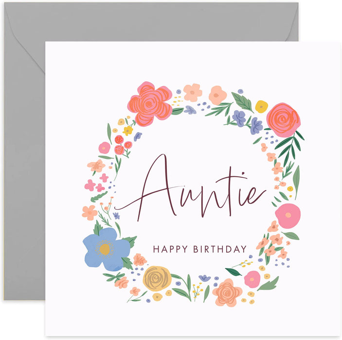 Old English Co. Auntie Happy Birthday Card - Sweet Cute Floral Wreath Card for Her AUnt Card | Flower Happy Birthday From Niece and Nephew | Blank Inside & Envelope Included